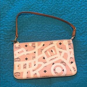 MCM Powder and White Pouch Wristlet with Gold & Tan accents